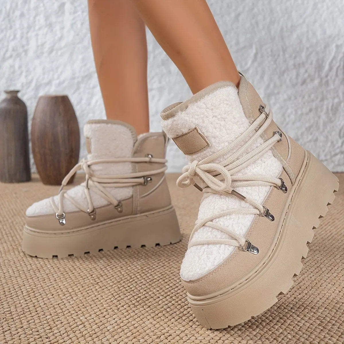 Women’s Cozy Fleece-Lined Winter Boots – Warm Lace-Up Snow Shoes with Buckles NNOS
