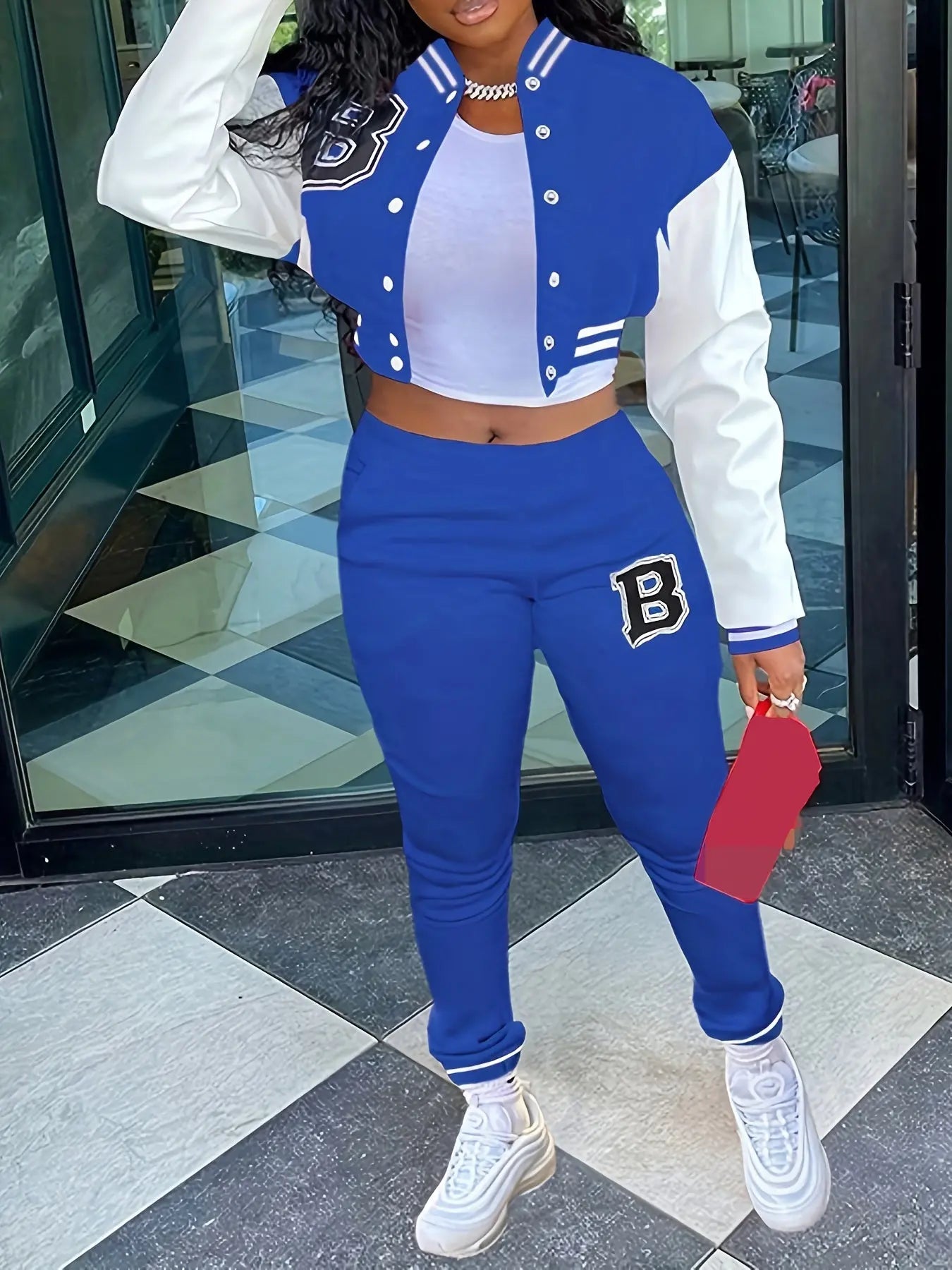 Chic, Women's Casual Letter Print Baseball Jacket and Pants Set - Red and White, Polyester Blend, Machine Washable, Fall/Winter Fashion Ensemble NNOS