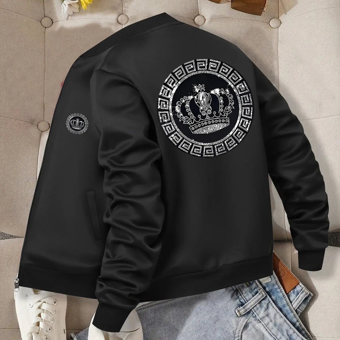 Women’s Crown Print Baseball Jacket – Lightweight Zip-Up Casual Streetwear NNOS