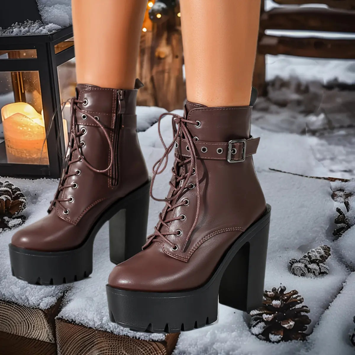 Women’s Chunky Platform Boots – Brown Lace-Up Zip Heeled Boots with Non-Slip Sole NNOS