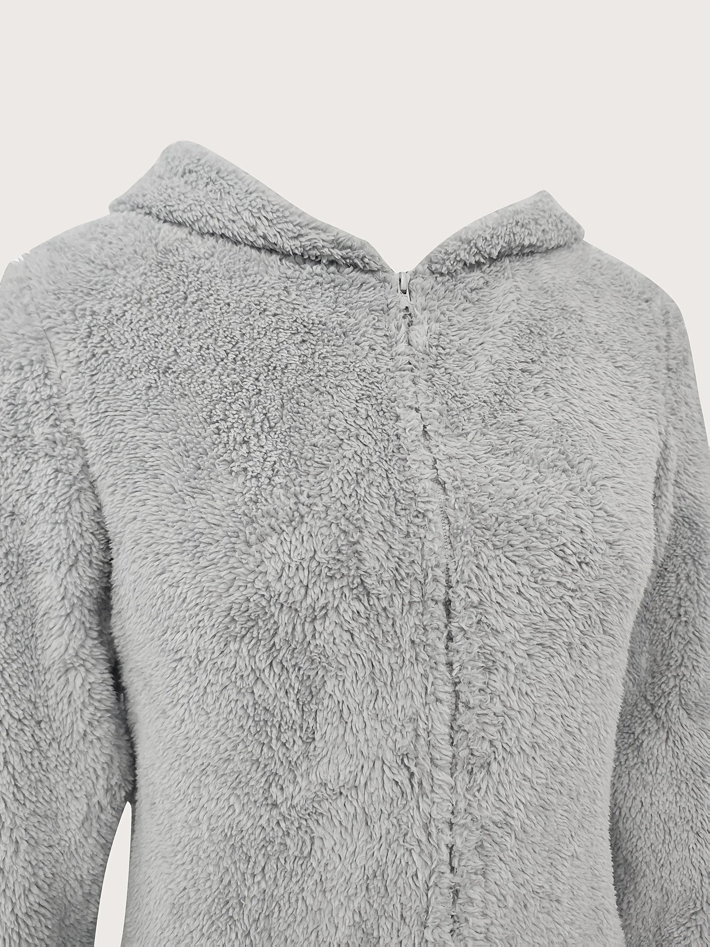 Solid Fuzzy Zip Up Hooded Jumpsuit, Casual Long Sleeve Warm Jumpsuit for Fall & Winter, Women's Clothing NNOS