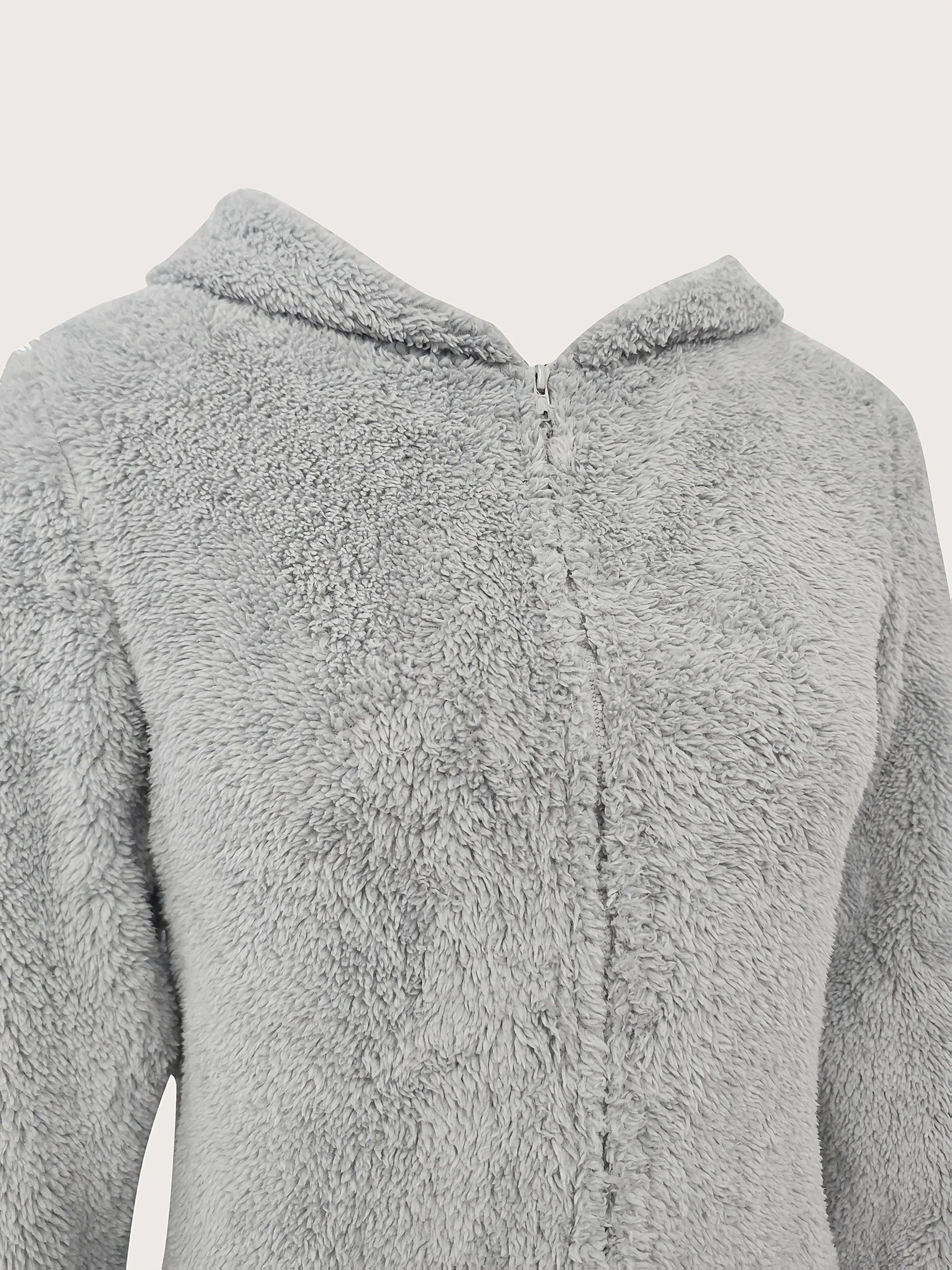 Solid Fuzzy Zip Up Hooded Jumpsuit, Casual Long Sleeve Warm Jumpsuit for Fall & Winter, Women's Clothing NNOS