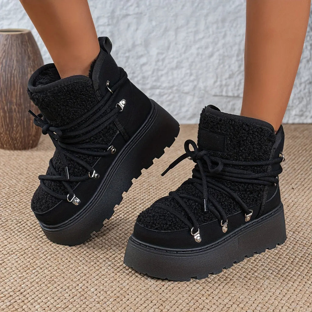 Women’s Cozy Fleece-Lined Winter Boots – Warm Lace-Up Snow Shoes with Buckles NNOS