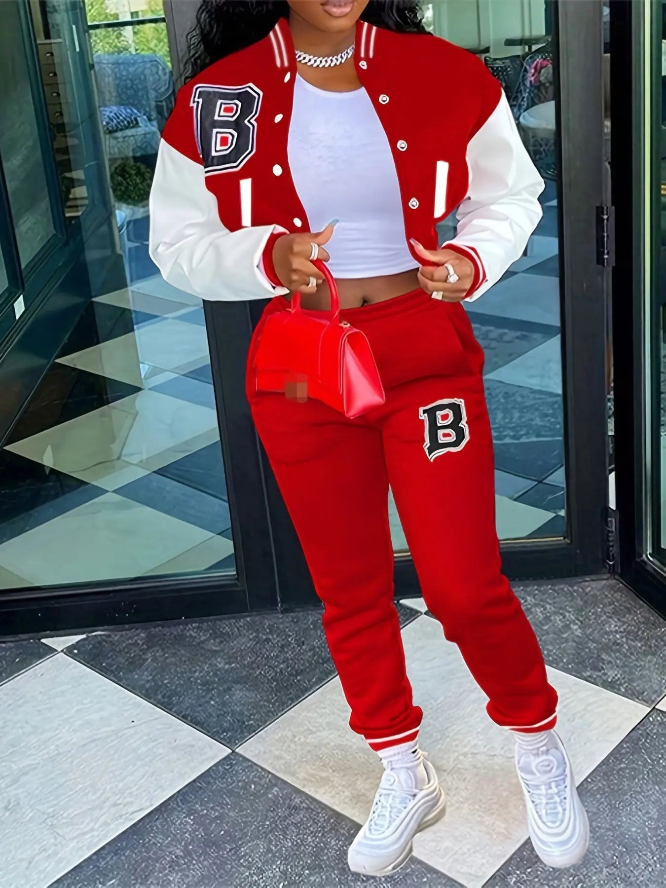 Chic, Women's Casual Letter Print Baseball Jacket and Pants Set - Red and White, Polyester Blend, Machine Washable, Fall/Winter Fashion Ensemble NNOS