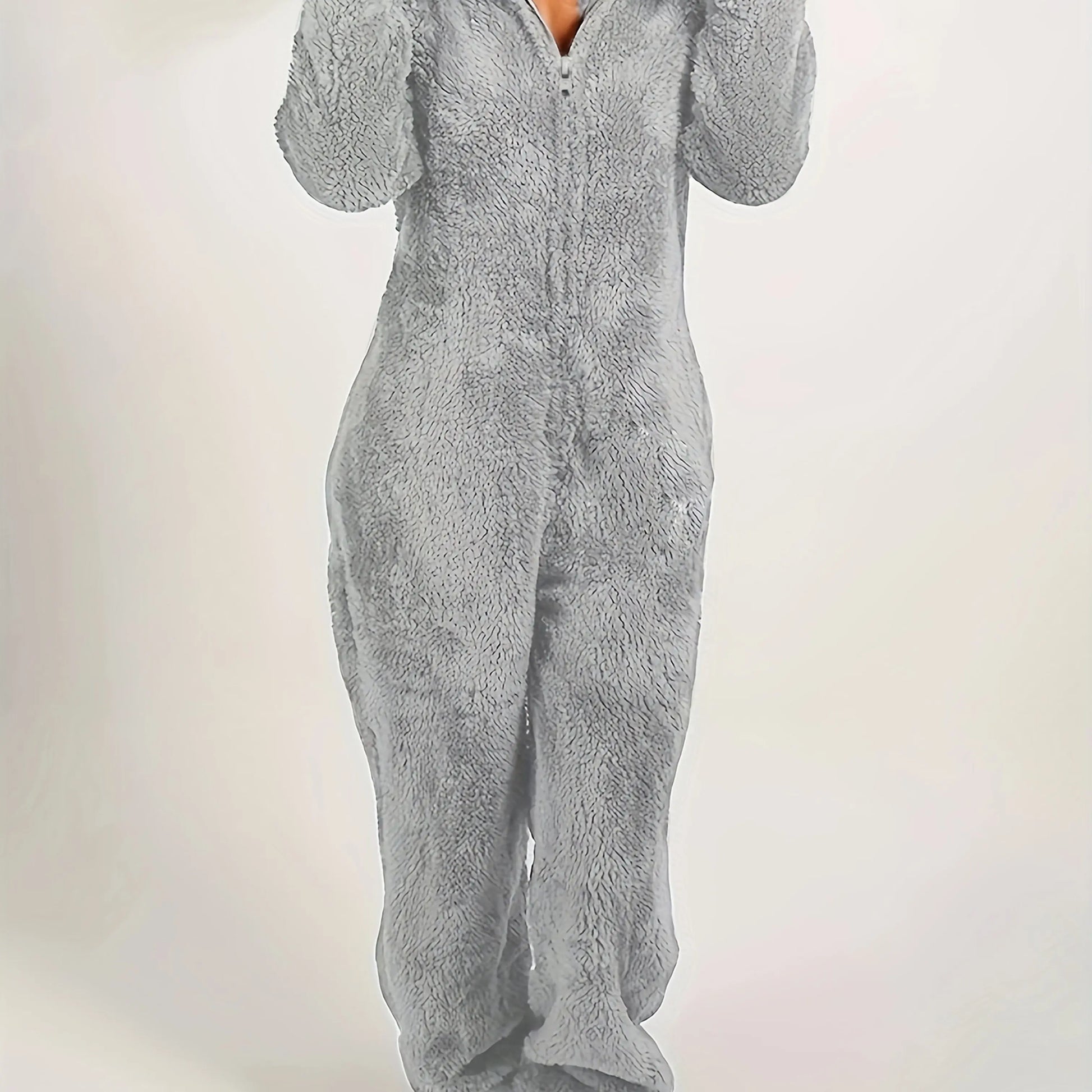 Solid Fuzzy Zip Up Hooded Jumpsuit, Casual Long Sleeve Warm Jumpsuit for Fall & Winter, Women's Clothing NNOS