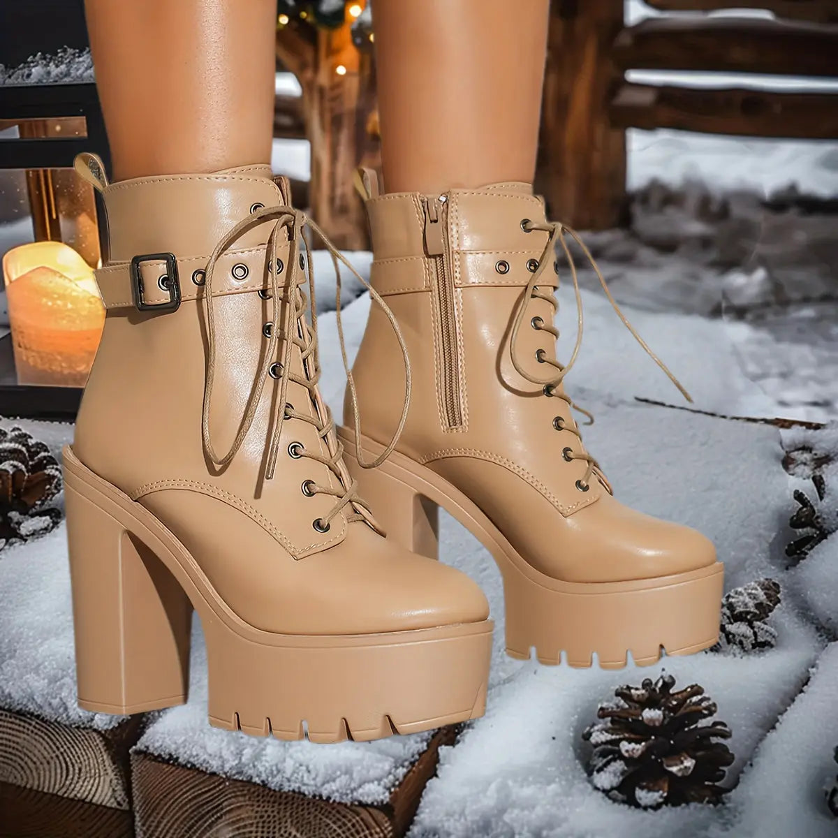 Women’s Chunky Platform Boots – Brown Lace-Up Zip Heeled Boots with Non-Slip Sole NNOS