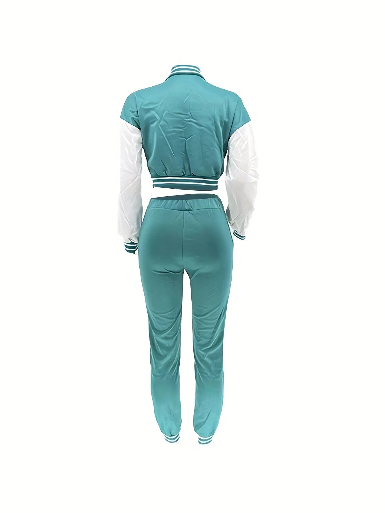 Chic, Women's Casual Letter Print Baseball Jacket and Pants Set - Red and White, Polyester Blend, Machine Washable, Fall/Winter Fashion Ensemble NNOS
