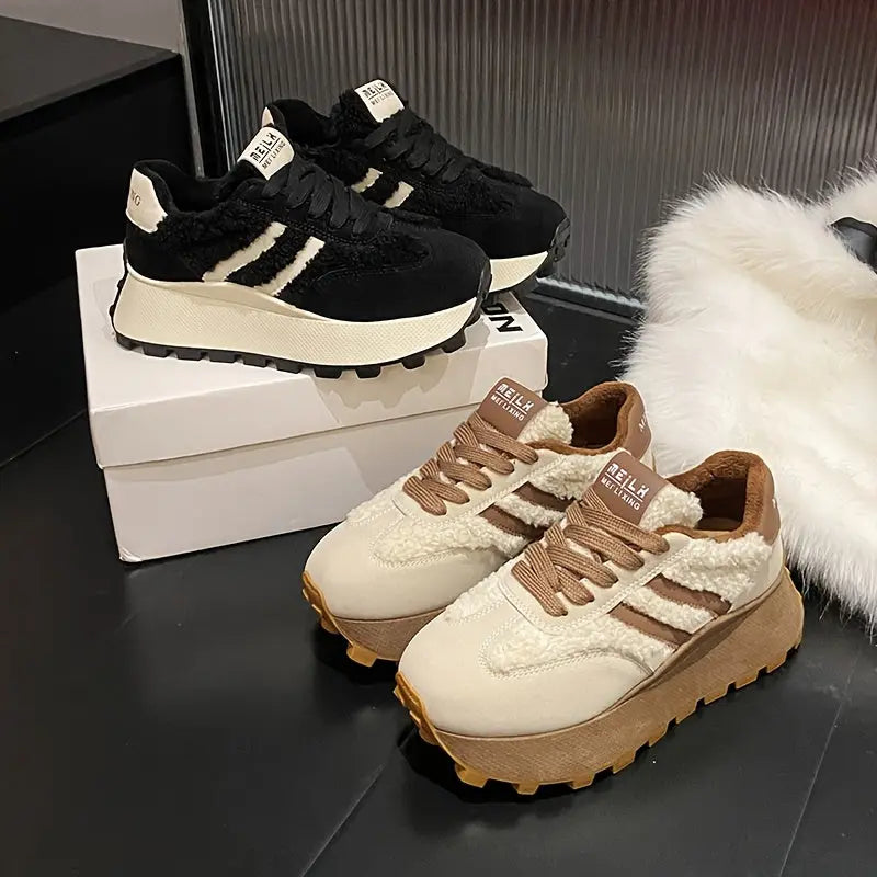 Women’s Winter Lace-Up Sneakers – Cozy Plush Lined Casual Shoes with Cushion NNOS