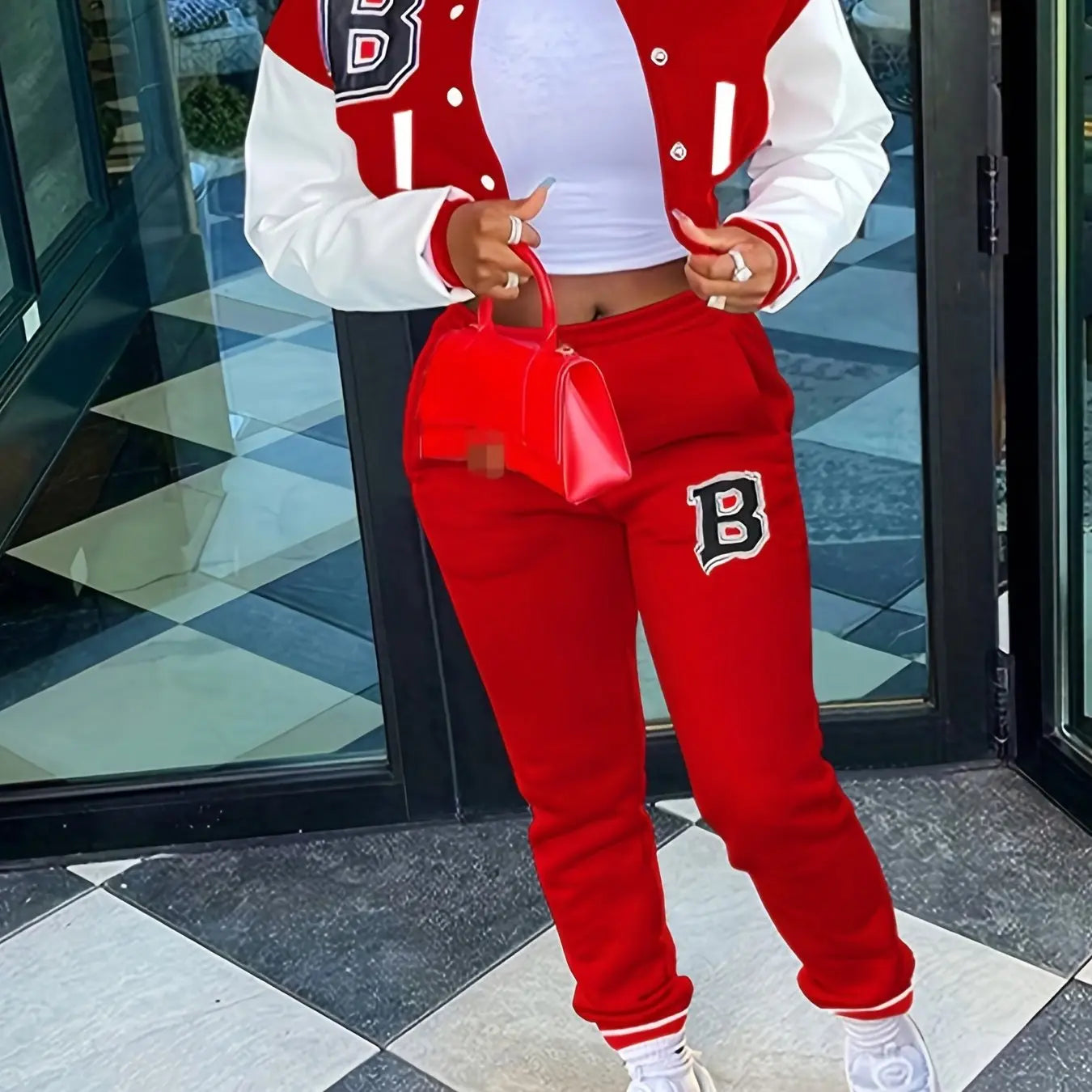 Chic, Women's Casual Letter Print Baseball Jacket and Pants Set - Red and White, Polyester Blend, Machine Washable, Fall/Winter Fashion Ensemble NNOS