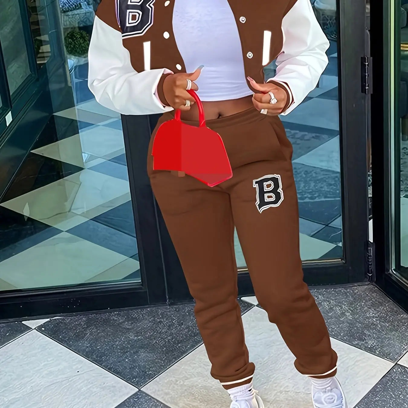 Chic, Women's Casual Letter Print Baseball Jacket and Pants Set - Red and White, Polyester Blend, Machine Washable, Fall/Winter Fashion Ensemble NNOS