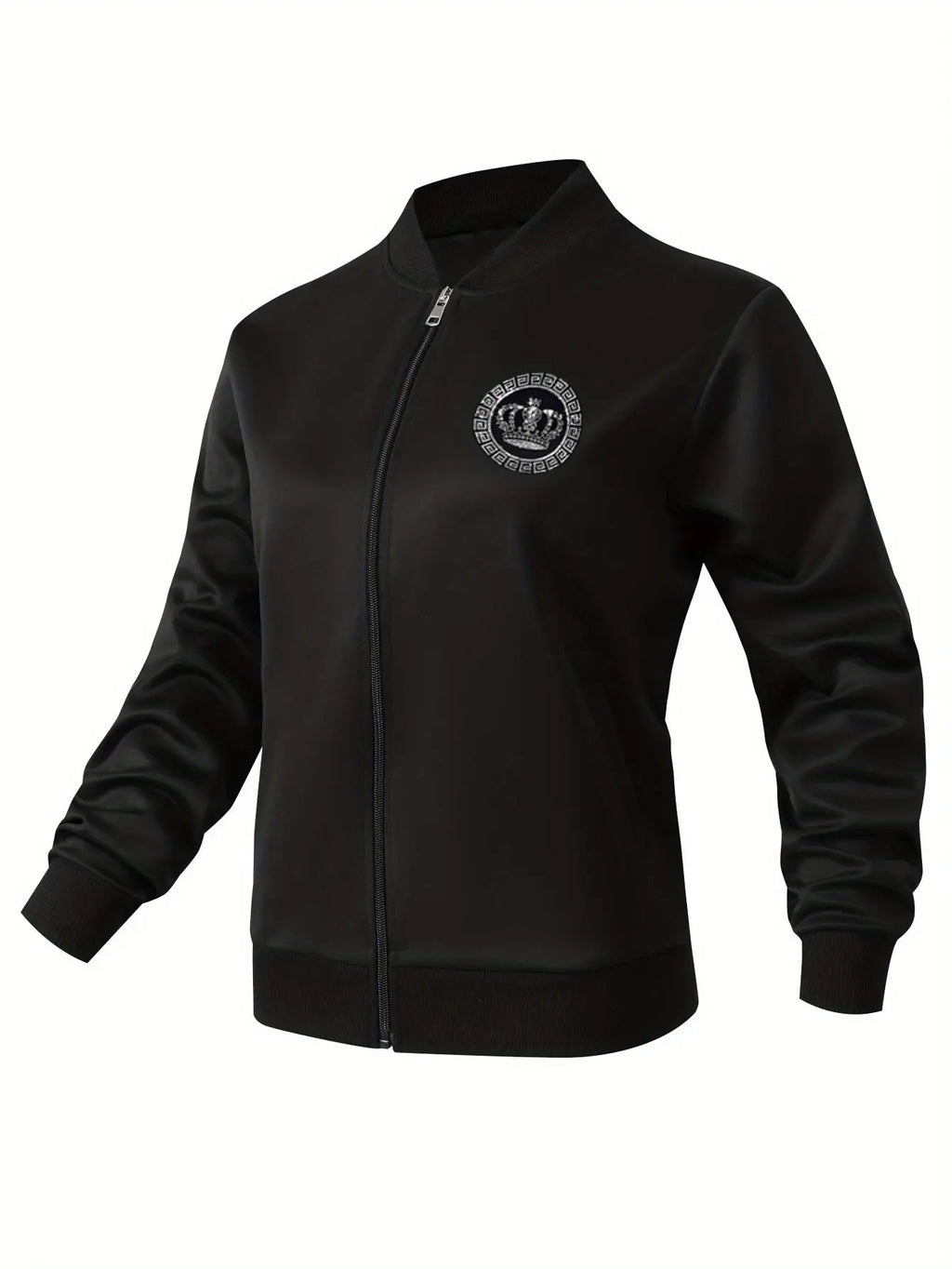 Women’s Crown Print Baseball Jacket – Lightweight Zip-Up Casual Streetwear NNOS