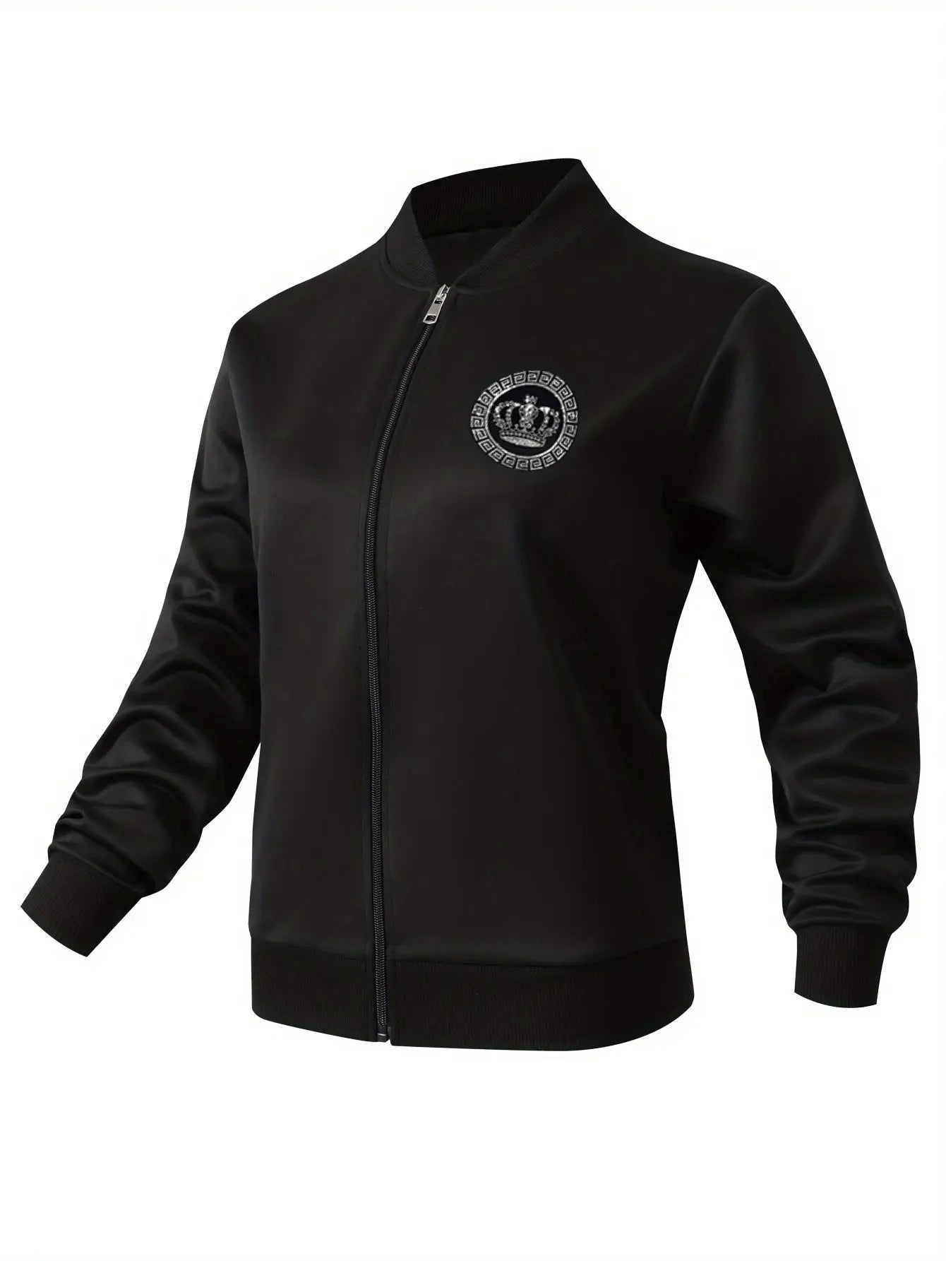 Women’s Crown Print Baseball Jacket – Lightweight Zip-Up Casual Streetwear NNOS