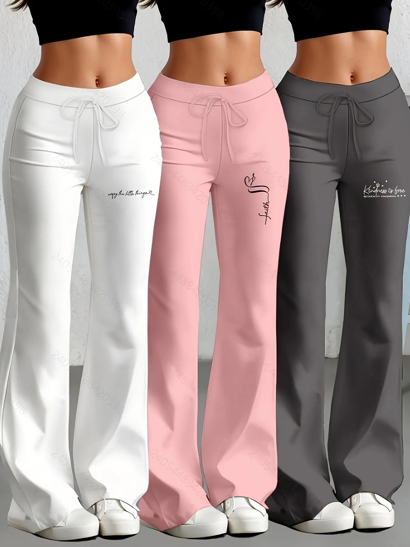 European and American Women's Straight-Leg Flare Pants Classic Personality English Text Print Long Pants 3pcs Set NNOS