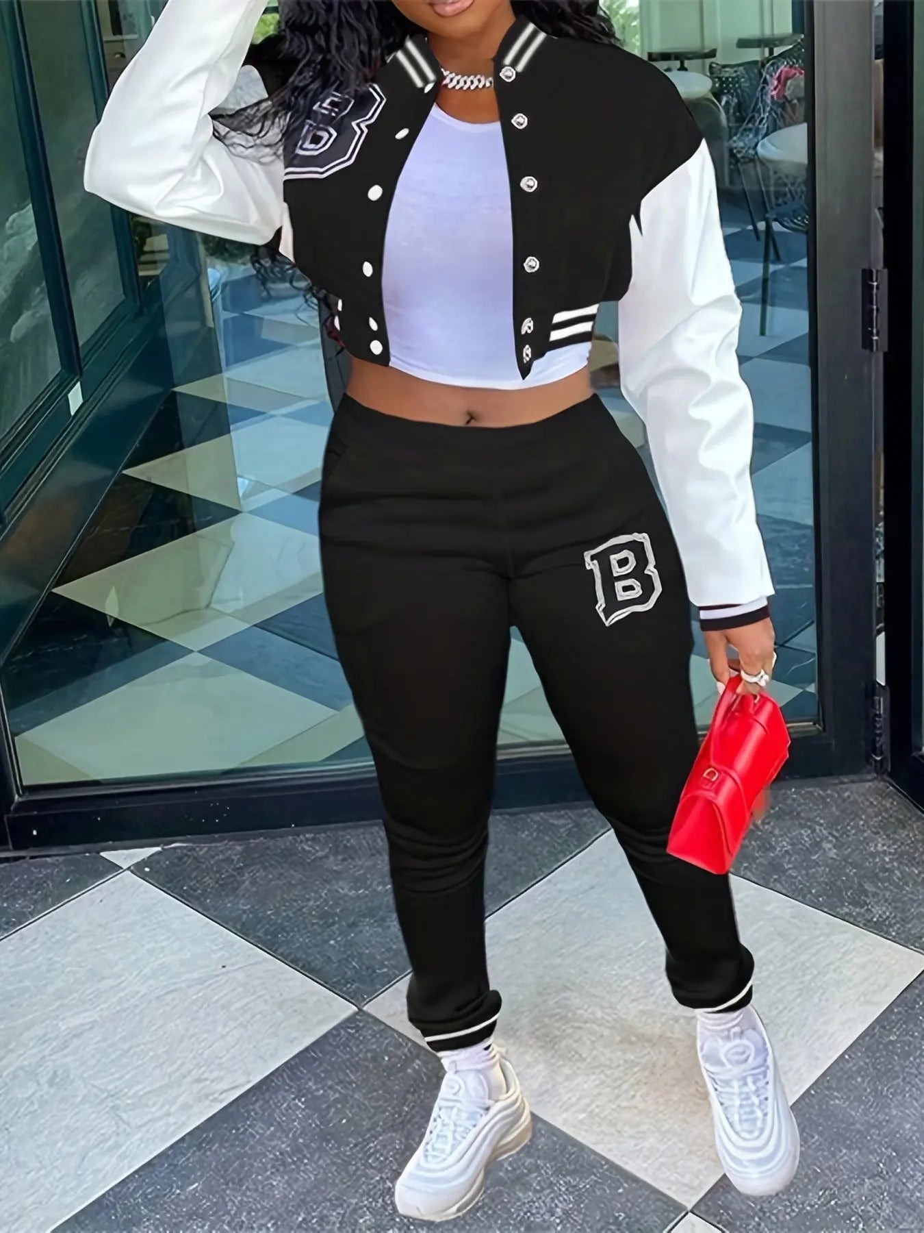 Chic, Women's Casual Letter Print Baseball Jacket and Pants Set - Red and White, Polyester Blend, Machine Washable, Fall/Winter Fashion Ensemble NNOS