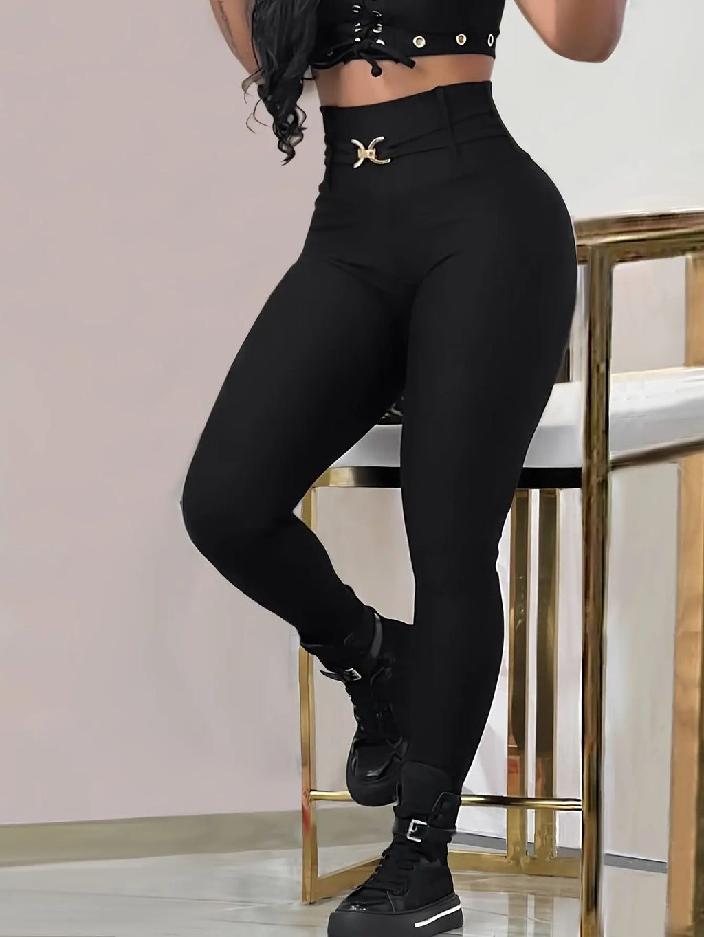 Women’s High-Waist Black Skinny Leggings – Stretchy Fit with Button Detail NNOS