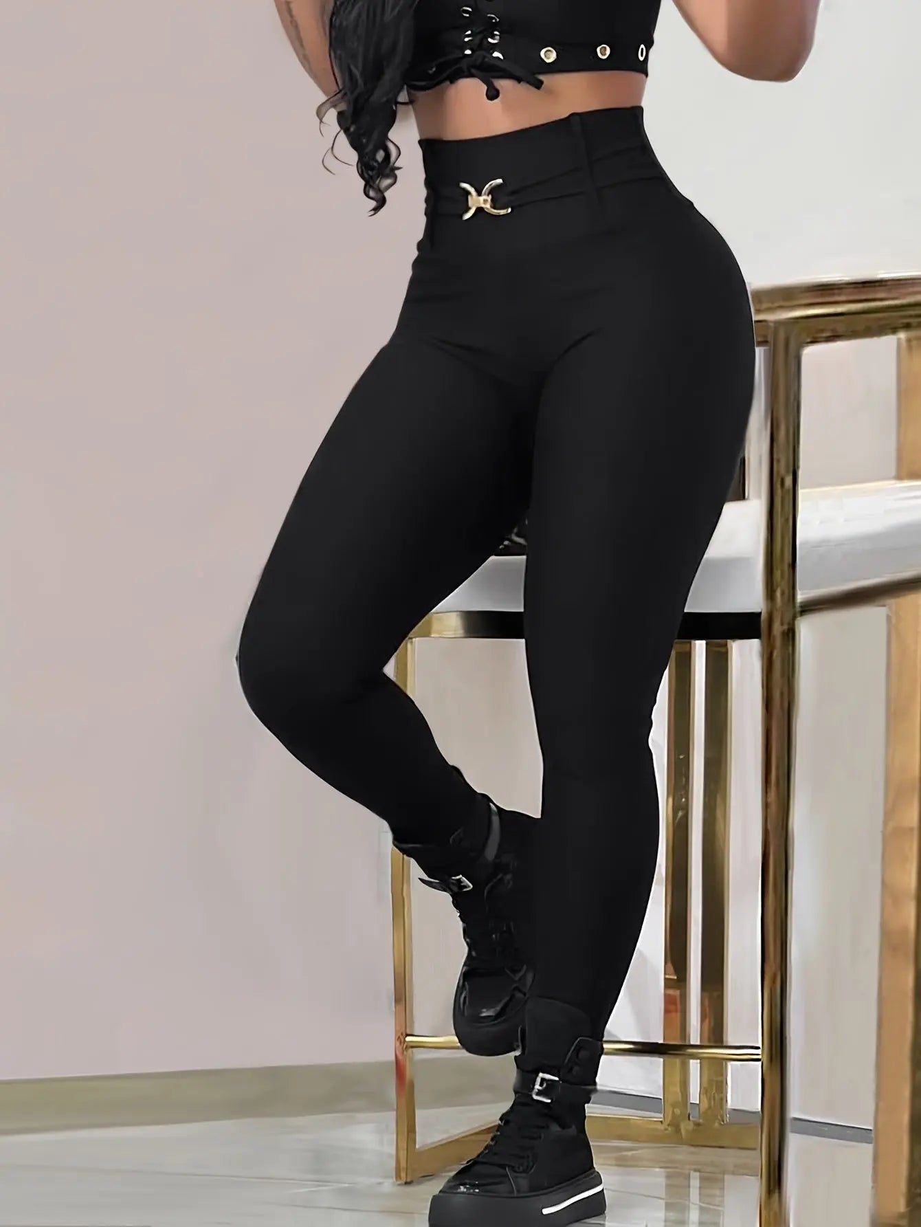 Women’s High-Waist Black Skinny Leggings – Stretchy Fit with Button Detail NNOS