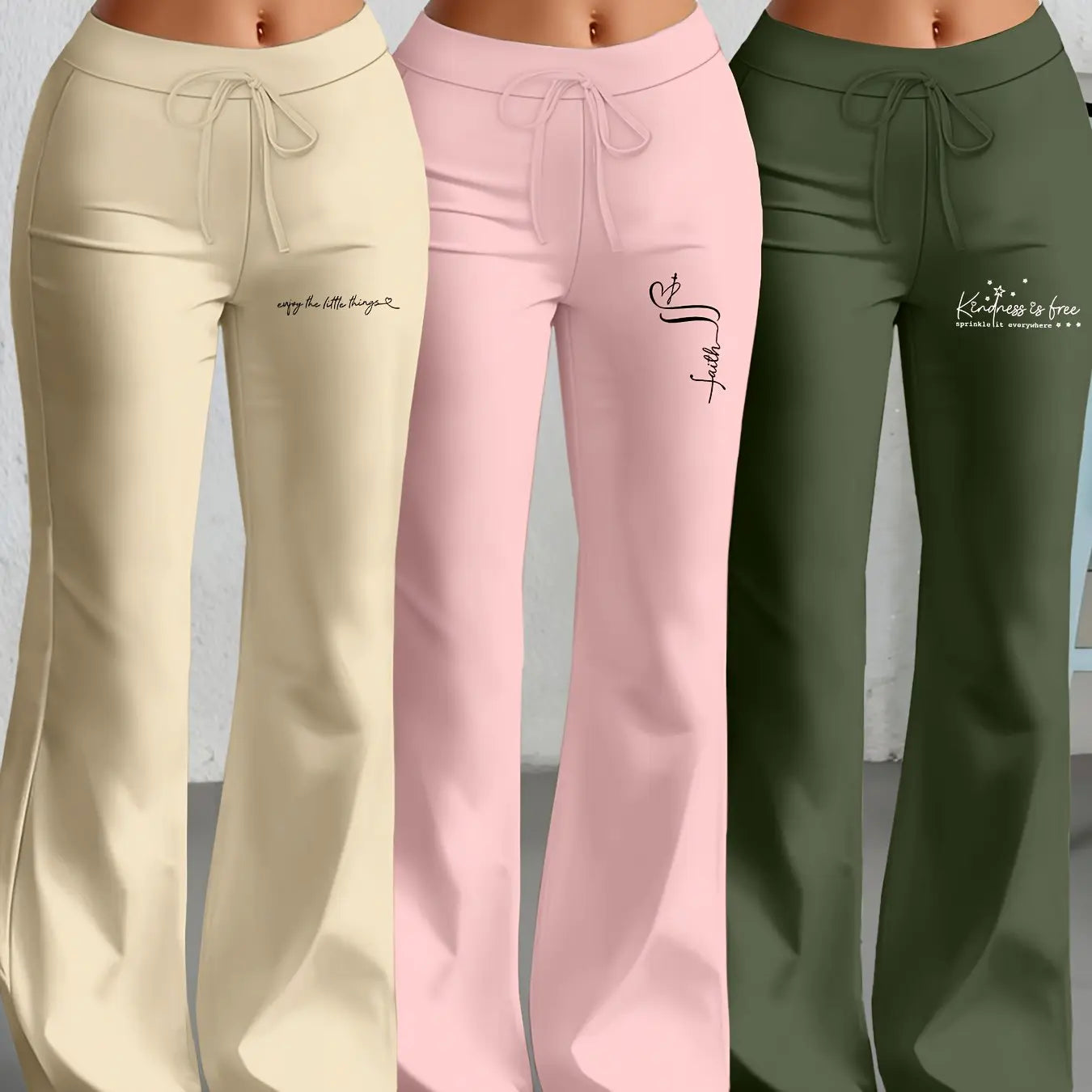 European and American Women's Straight-Leg Flare Pants Classic Personality English Text Print Long Pants 3pcs Set NNOS