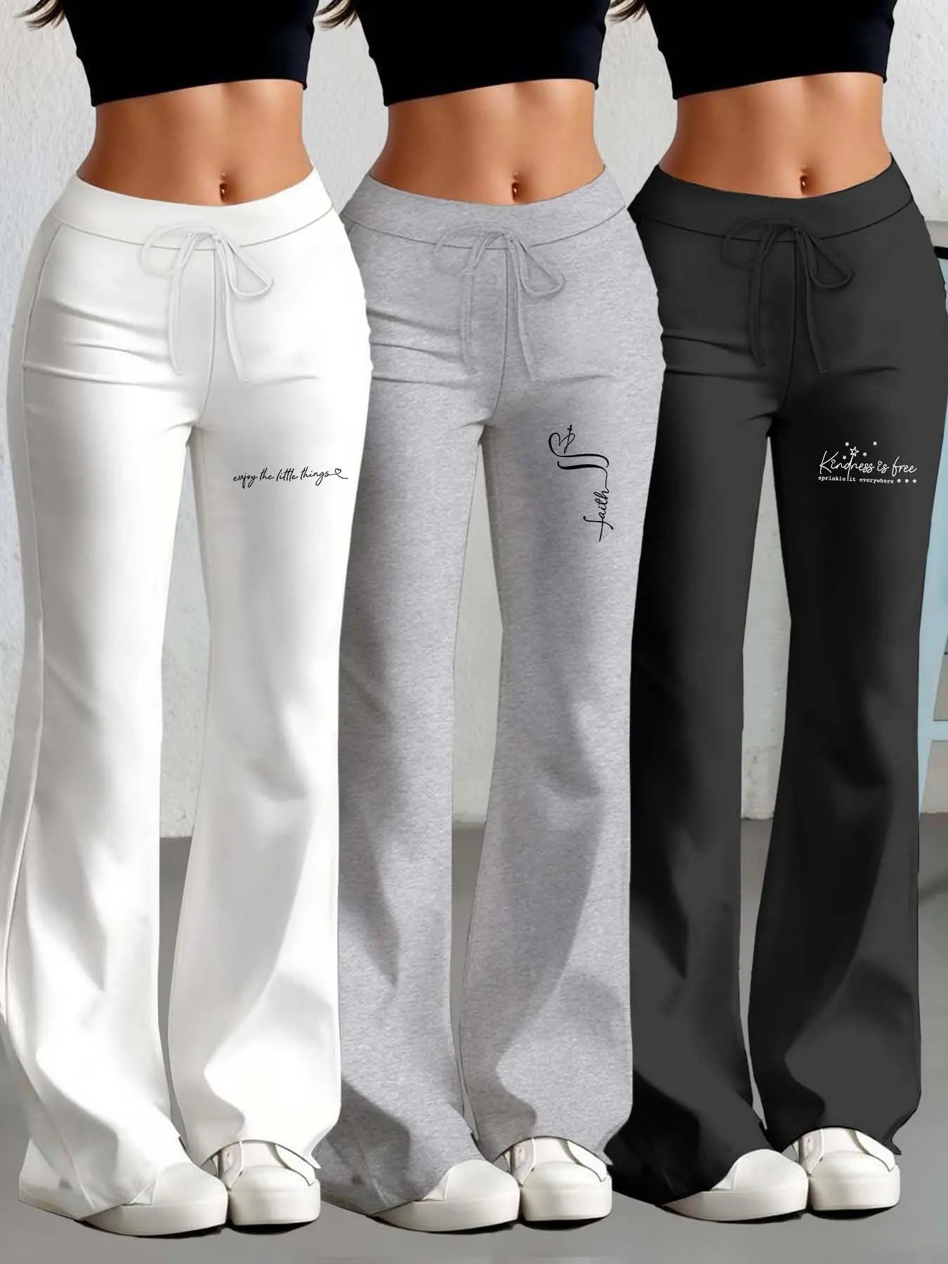 European and American Women's Straight-Leg Flare Pants Classic Personality English Text Print Long Pants 3pcs Set NNOS
