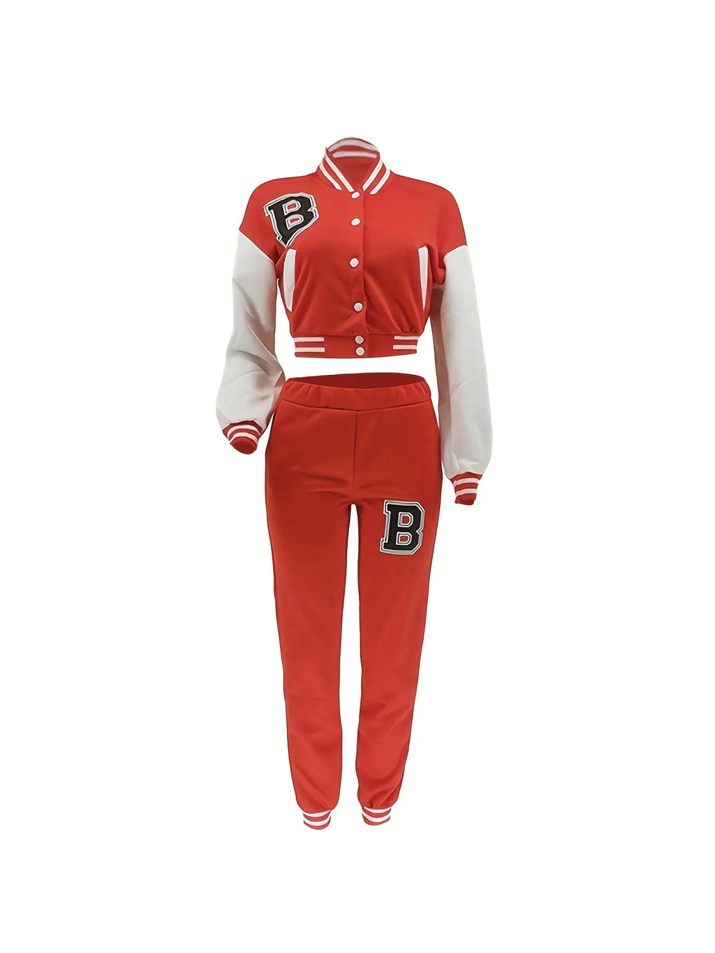 Chic, Women's Casual Letter Print Baseball Jacket and Pants Set - Red and White, Polyester Blend, Machine Washable, Fall/Winter Fashion Ensemble NNOS