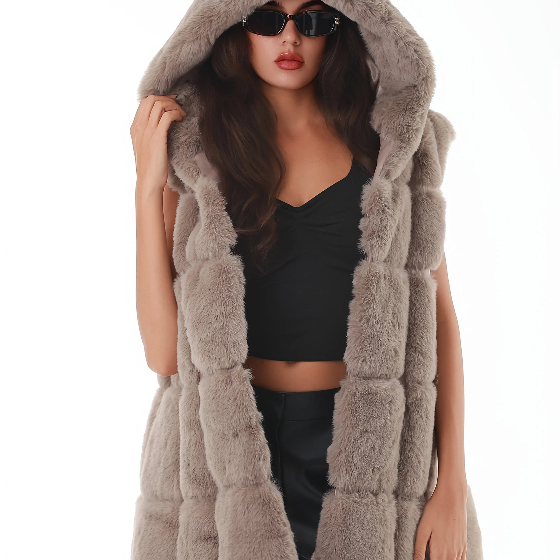 Women'S Faux Fur Hooded Jacket - Sleeveless Winter Coat with Pockets, Black, Casual Style, Warm Winter Outerwear, Winter Jacket NNOS