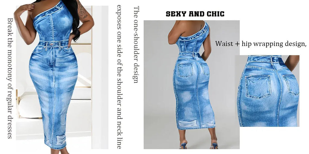 Women’s Off-Shoulder Denim Print Bodycon Dress – Slim Fit Casual to Evening NNOS